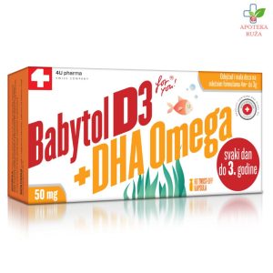 Babytol D3 + DHA Omega za normalan razvoj kostiju, zuba i vida ZA BEBE NA MLEČNOJ FORMULI 60 kapsula
