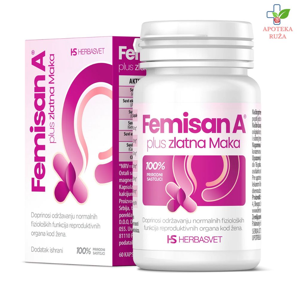 Femisan A Plus zlatna maka za hormonsku ravnotežu, plodnost i redovne menstrualne cikluse 60 kapsula