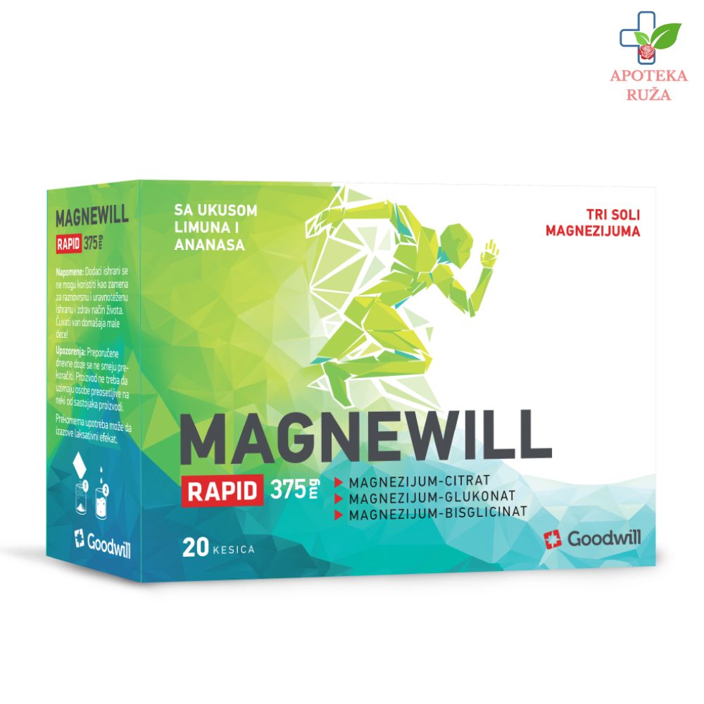 MagneWill Rapid (magnezijum-citrat, magnezijum-glukonat i magnezijum-bisglicinat) 20 kesica