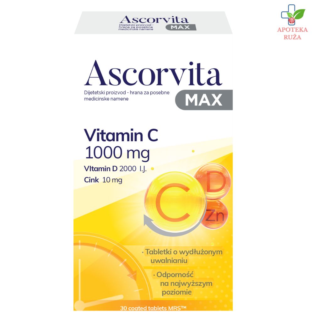 Ascorvita Max (Vitamin C 1000mg, Vitamin D 2000IU, Cink 10mg) 30 tableta