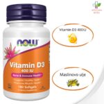 NOW Vitamin D3 400IU u maslinovom ulju 180 softgel kapsula