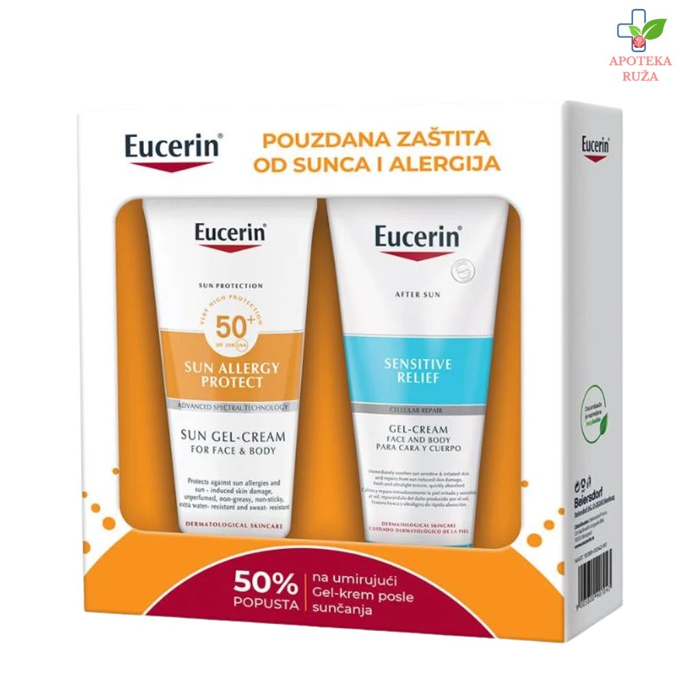 Eucerin Sun Box Allergy Protect gel krem SPF 50+ 200ml 99616 + Eucerin Umirujući gel-krem za osetljivu kožu posle sunčanja 200ml 83583