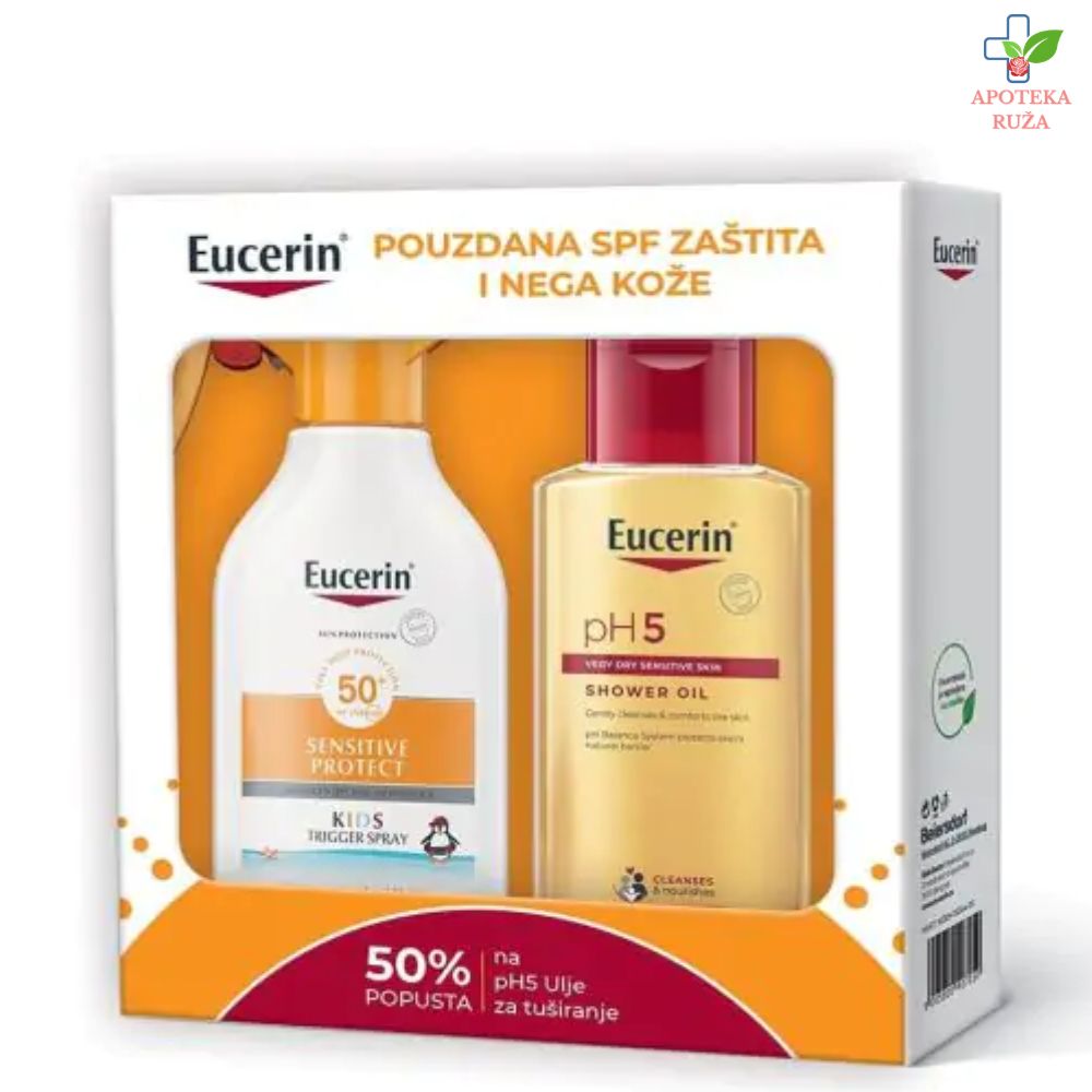 Eucerin Sun Box Eucerin Sprej za zaštitu osetljive dečje kože od sunca SPF 50+ 250ml 63442 + Ulje za tuširanje 200ml 63121
