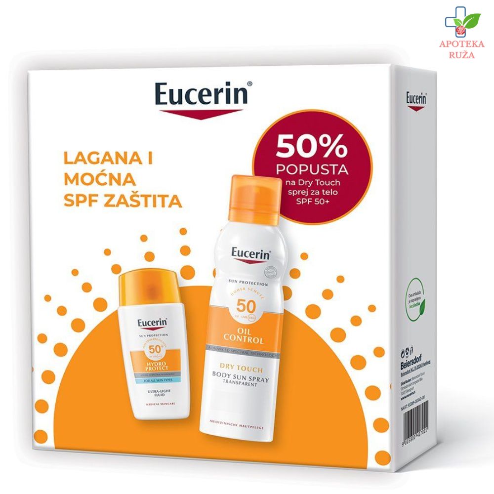 Eucerin Sun Box Hydro Protect fluid za zaštitu lica od sunca SPF50+ 50ml 66961 + Eucerin Oil Control SPF 50+ sprej 200ml 69758