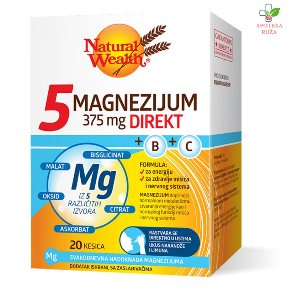 Natural Wealth 5 Magnezijum direkt 375mg+B+C 20 kesica